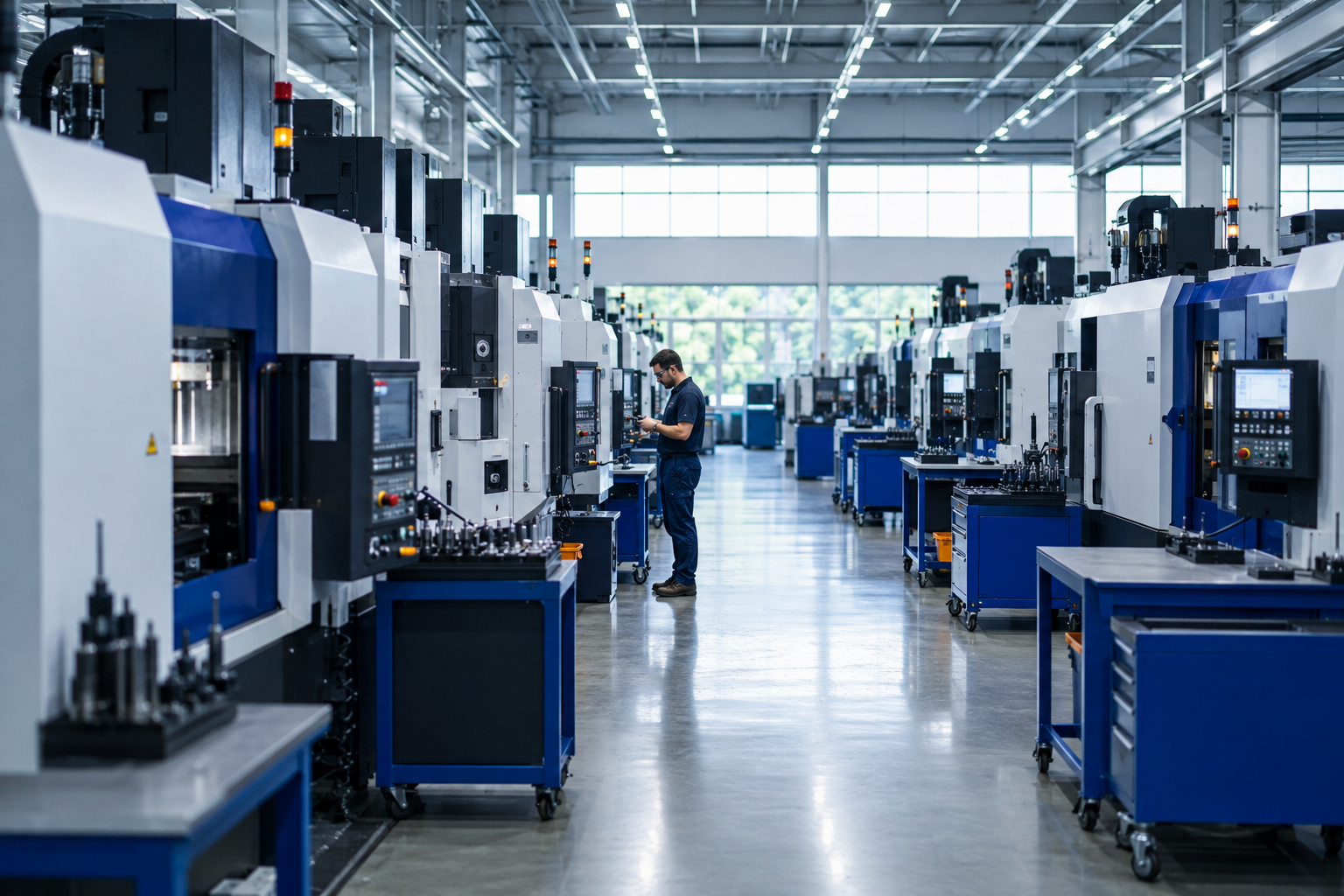 Daylight across a modern precision manufacturing workshop