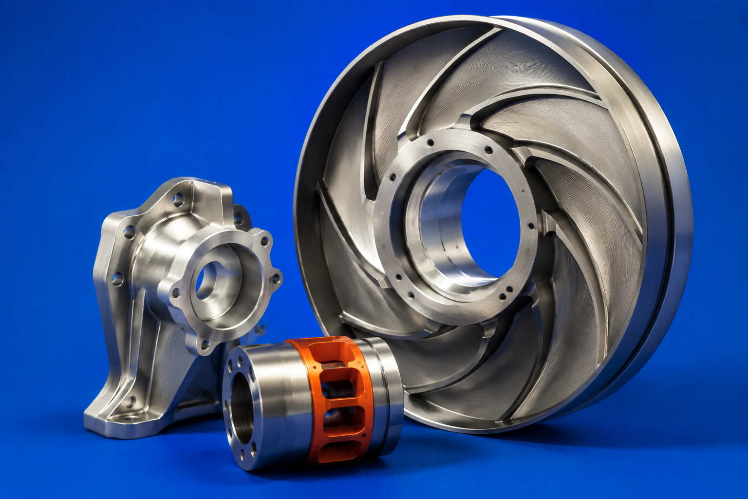 Precision-machined metal components arranged on a vivid blue surface